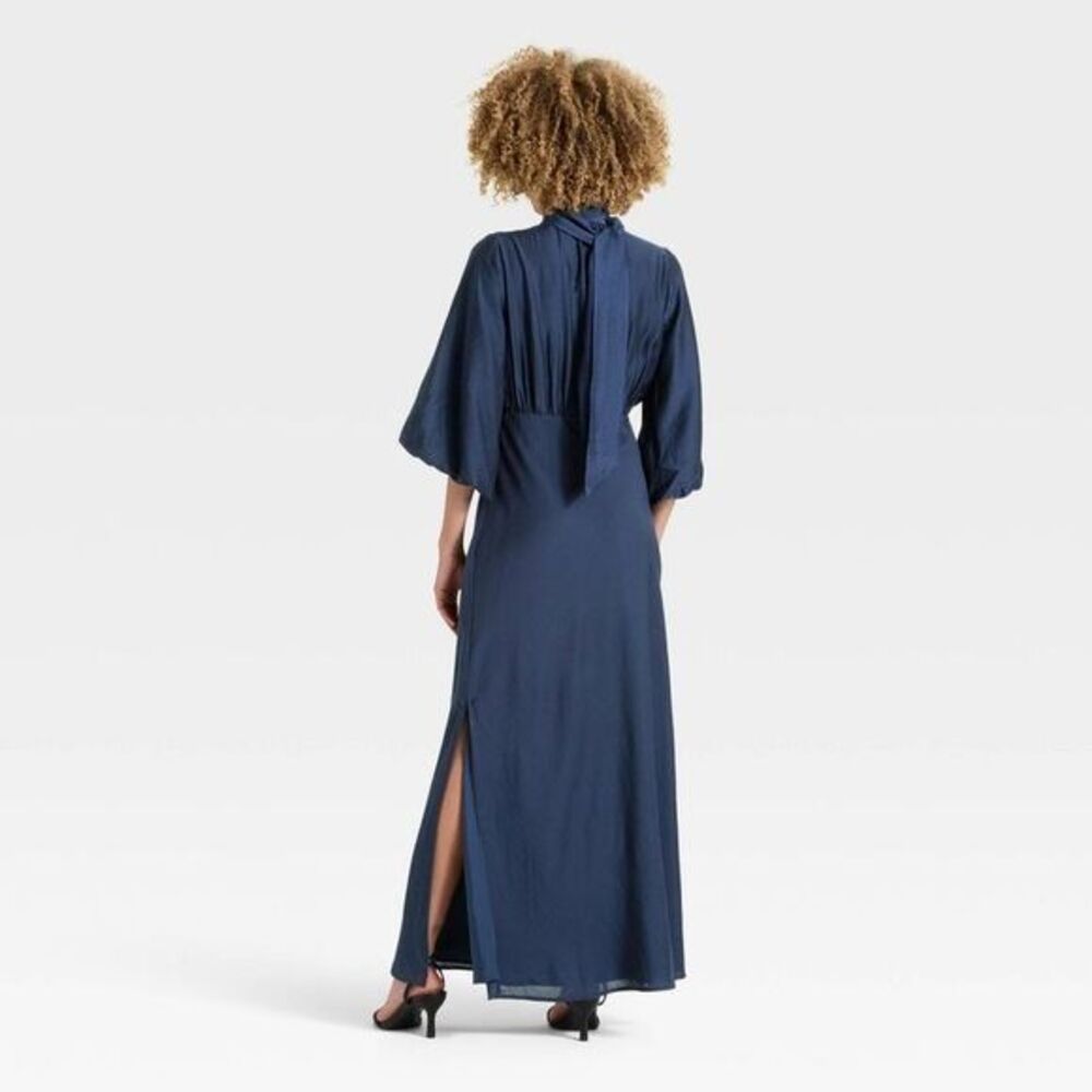 Women's Flutter 3/4 Sleeve Tie Neck Maxi Dress - A New Day Navy Blue S - Picture 3 of 4